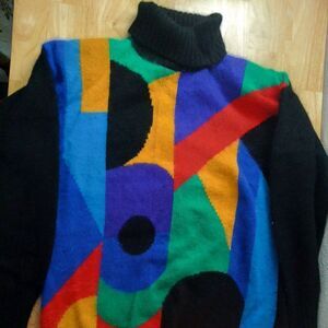 Vintage Rafaella Abstract Geometric Color Block Wool Turtleneck Sweater